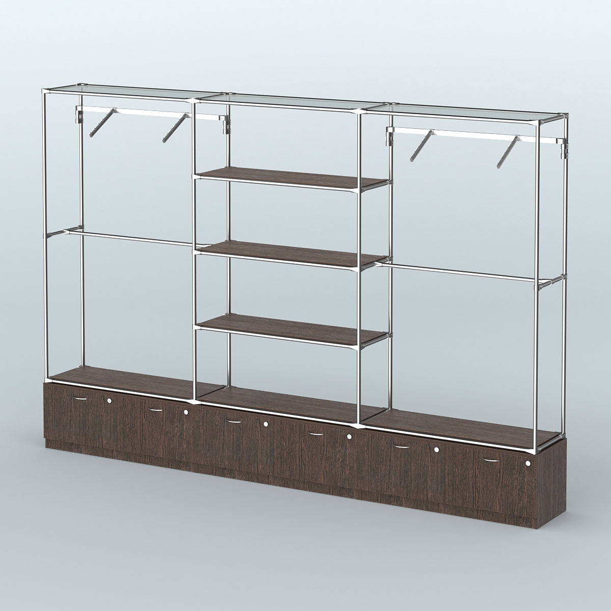 Торговая система ХРОМ без ДСП 3600 мм с тумбами Т15, полками ДСП и поручнями №6 Дуб Венге