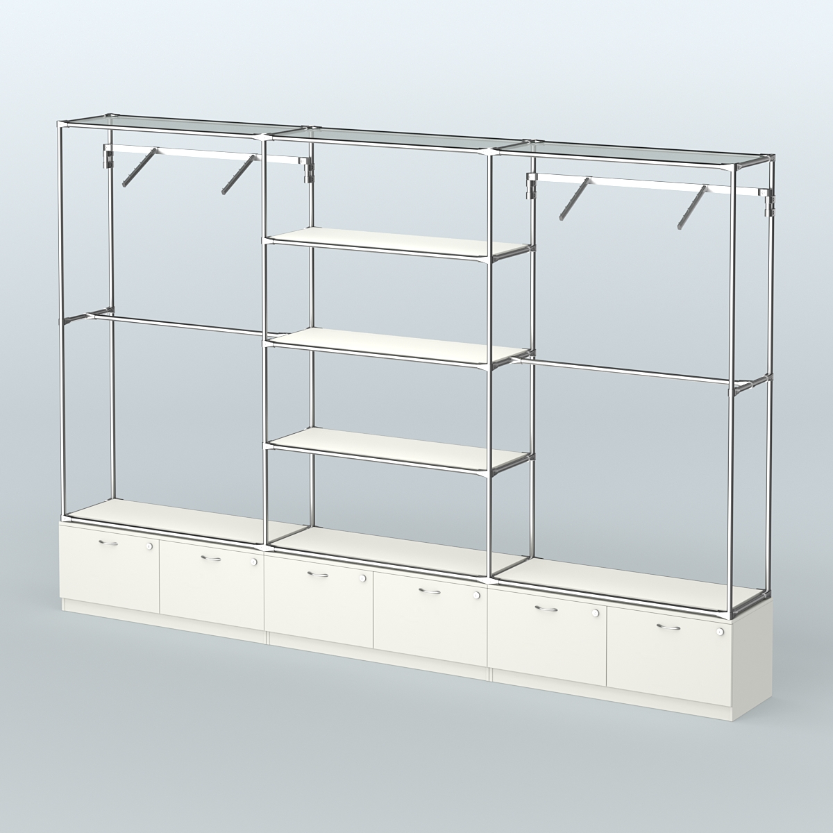 Торговая система ХРОМ без ДСП 3600 мм с тумбами Т15, полками ДСП и поручнями №6 Белый