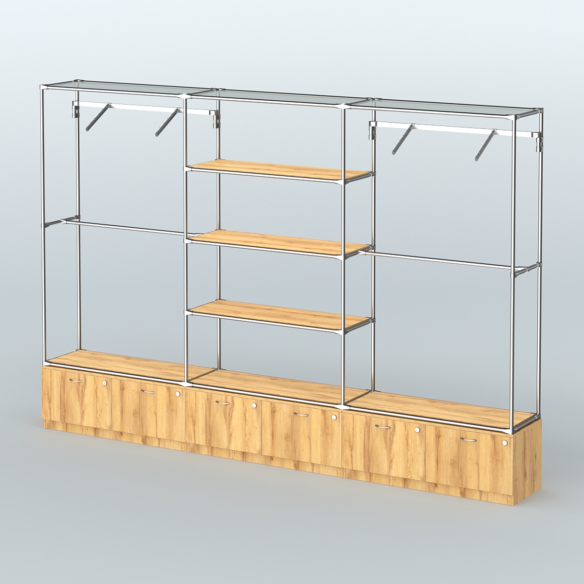 Торговая система ХРОМ без ДСП 3600 мм с тумбами Т15, полками ДСП и поручнями №6 Дуб Золотистый