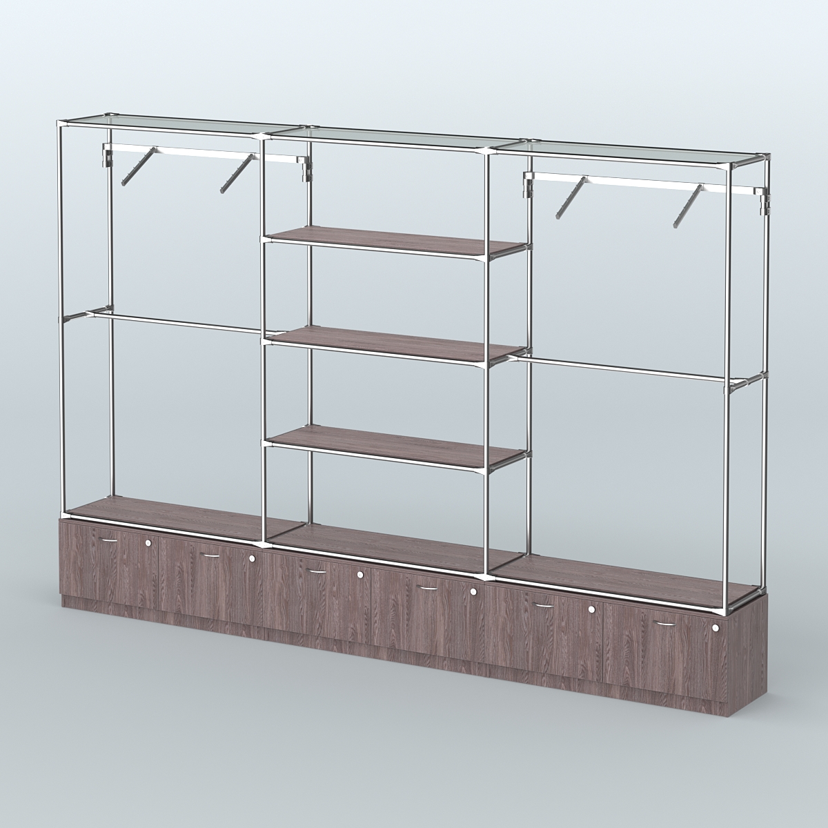 Торговая система ХРОМ без ДСП 3600 мм с тумбами Т15, полками ДСП и поручнями №6 Ясень Анкор темный