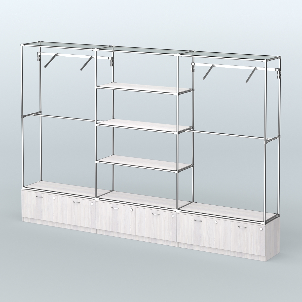 Торговая система ХРОМ без ДСП 3600 мм с тумбами Т15, полками ДСП и поручнями №6 Ясень Анкор светлый