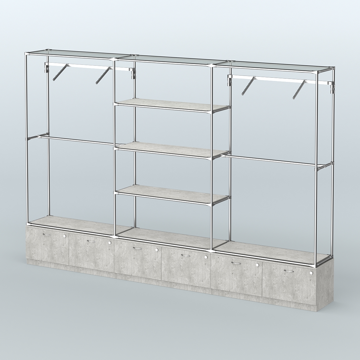 Торговая система ХРОМ без ДСП 3600 мм с тумбами Т15, полками ДСП и поручнями №6 Метрополитан Грей