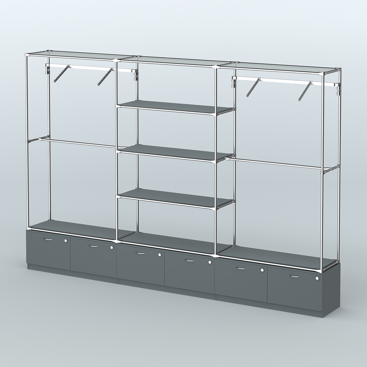 Торговая система ХРОМ без ДСП 3600 мм с тумбами Т15, полками ДСП и поручнями №6 Темно-Серый
