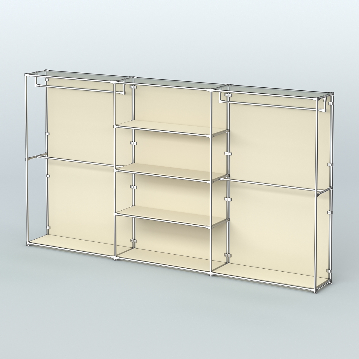 Торговая система ХРОМ (задняя стенка - ДСП) 3600 мм с полками ДСП и поручнями №2 Крем Вайс