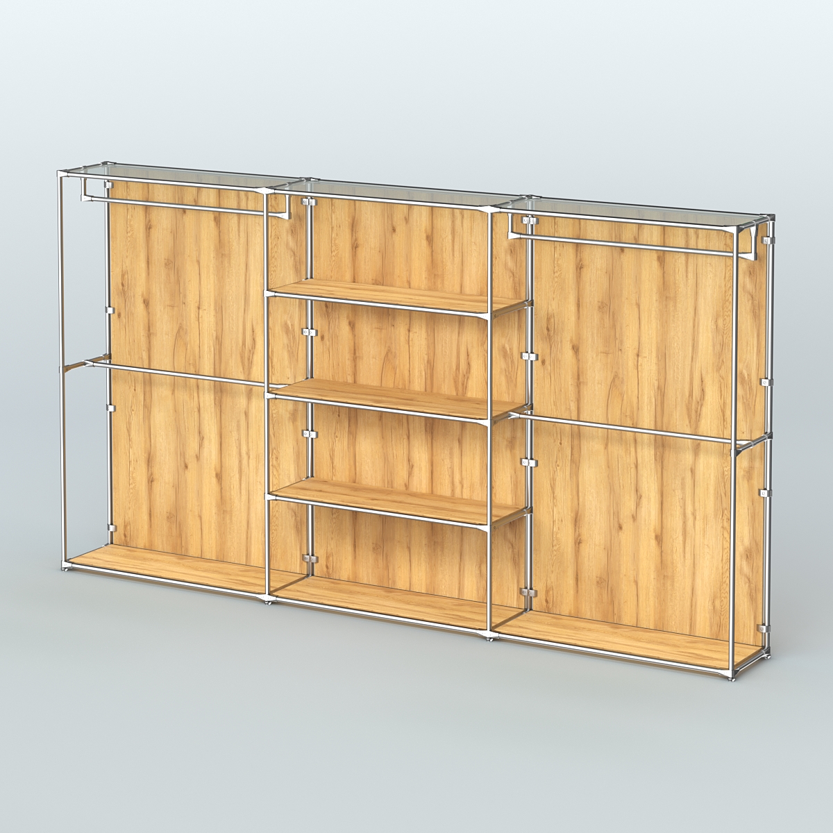 Торговая система ХРОМ (задняя стенка - ДСП) 3600 мм с полками ДСП и поручнями №2 Дуб Золотистый