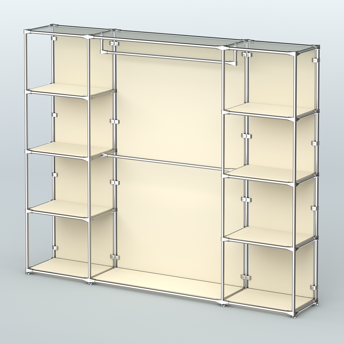 Торговая система ХРОМ (задняя стенка - ДСП) 2430 мм с полками ДСП и поручнями №3 Крем Вайс