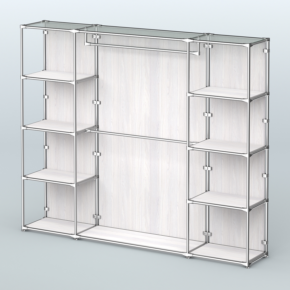 Торговая система ХРОМ (задняя стенка - ДСП) 2430 мм с полками ДСП и поручнями №3 Ясень Анкор светлый