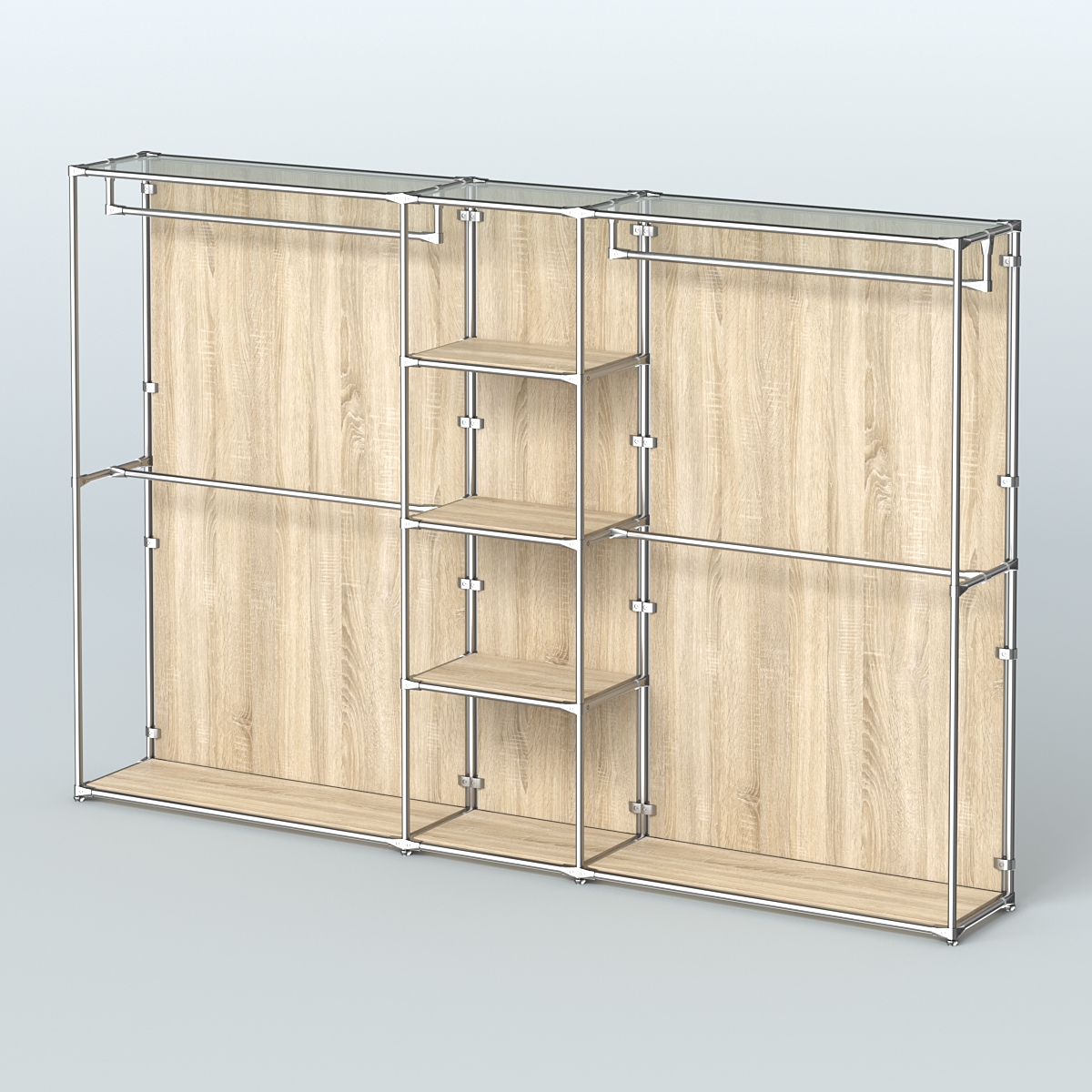 Торговая система ХРОМ (задняя стенка - ДСП) 3030 мм с полками ДСП и поручнями №4 Дуб Сонома