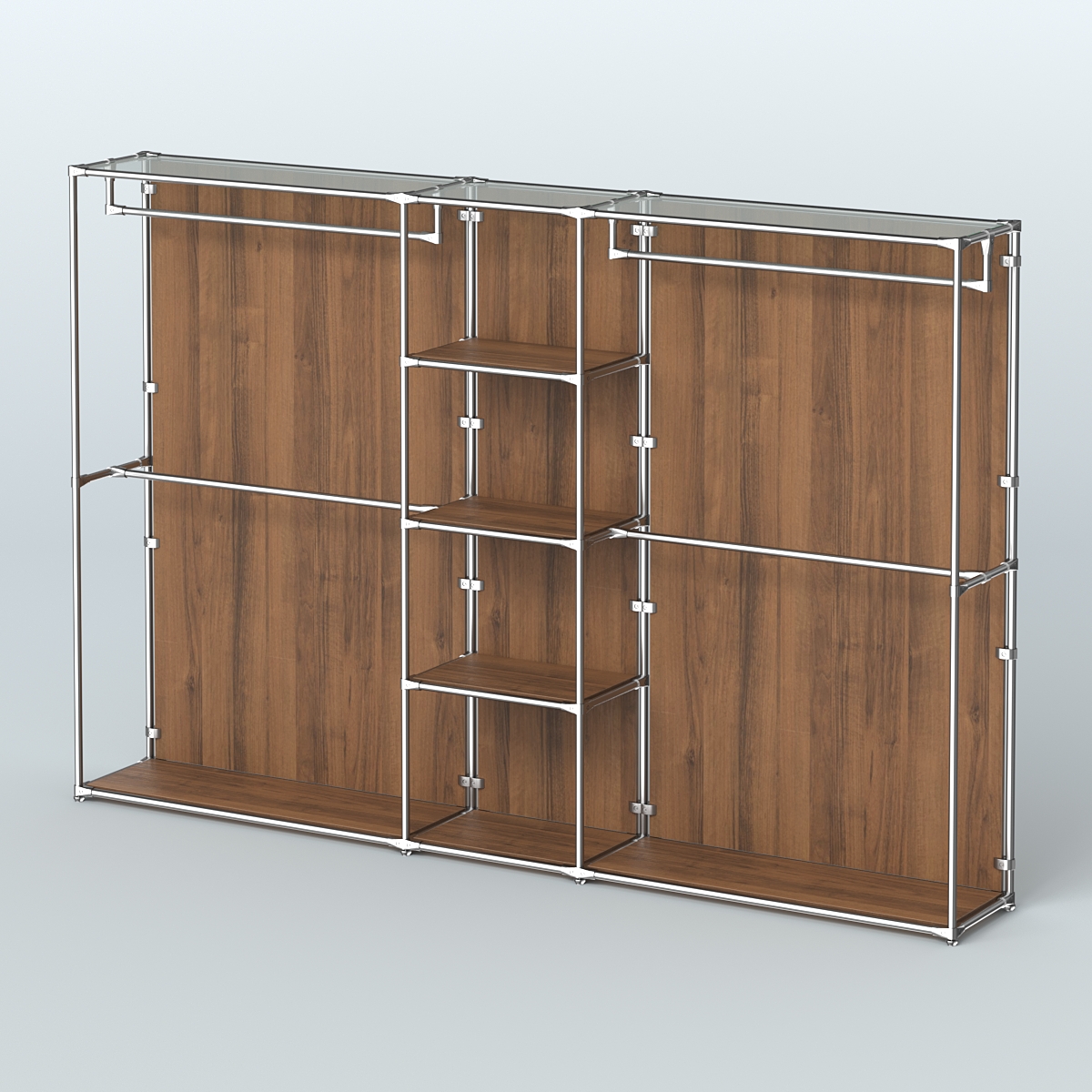 Торговая система ХРОМ (задняя стенка - ДСП) 3030 мм с полками ДСП и поручнями №4 Орех