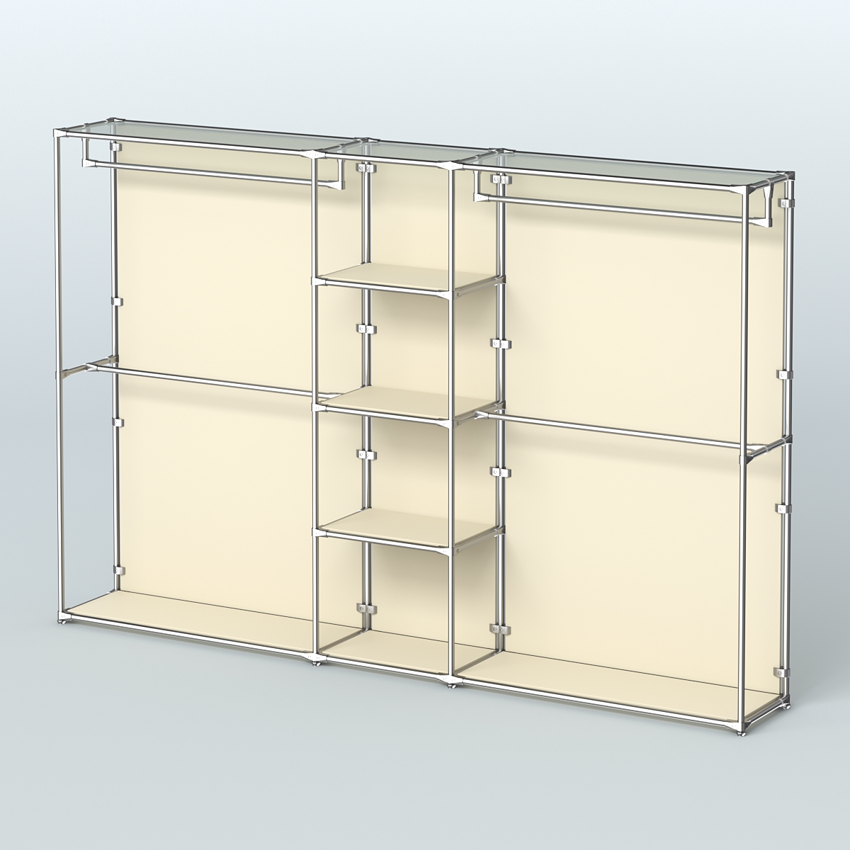 Торговая система ХРОМ (задняя стенка - ДСП) 3030 мм с полками ДСП и поручнями №4 Крем Вайс