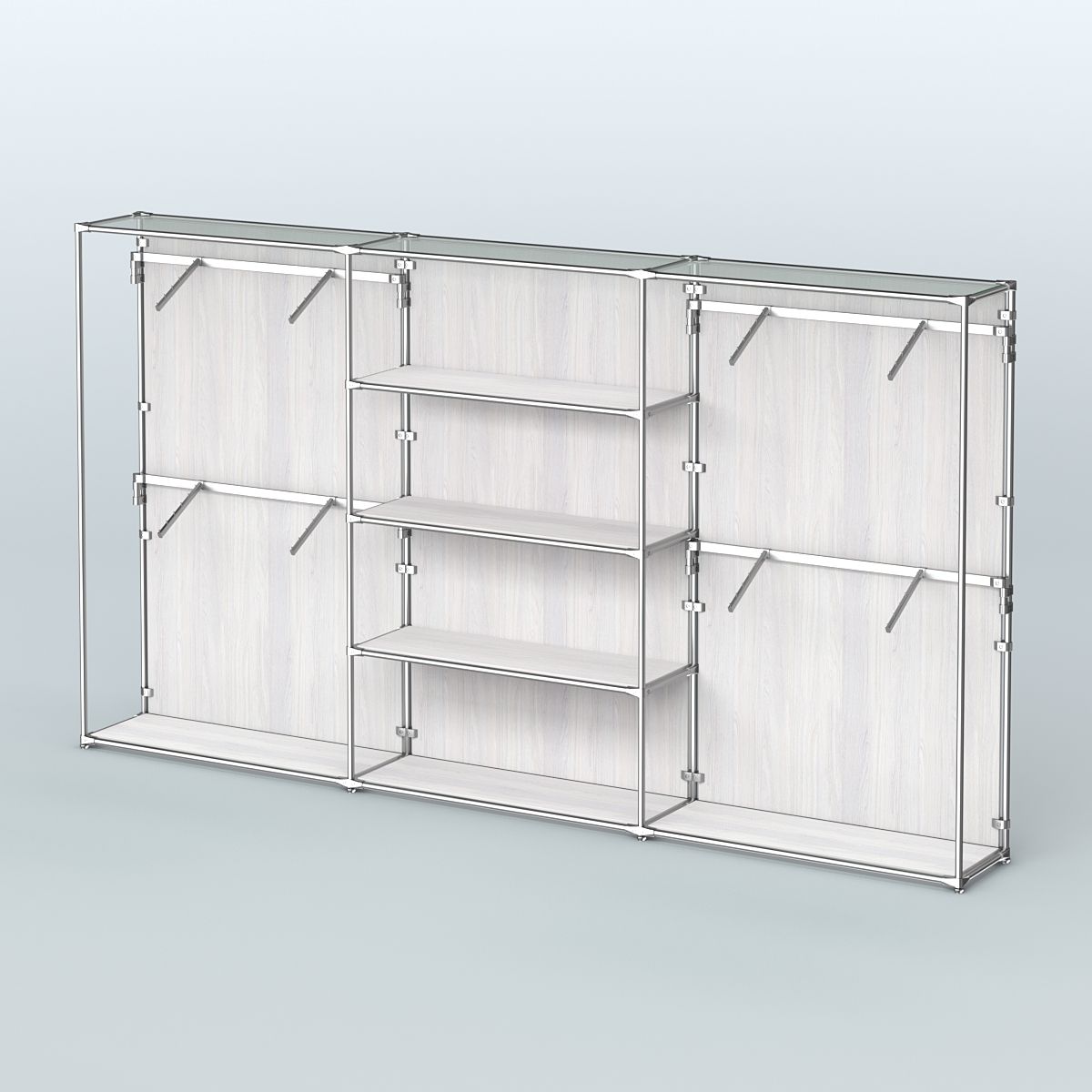 Торговая система ХРОМ (задняя стенка - ДСП) 3600 мм с полками ДСП и поручнями №5 Ясень Анкор светлый