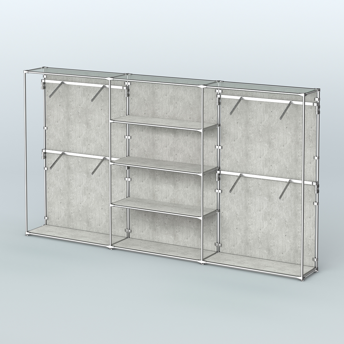 Торговая система ХРОМ (задняя стенка - ДСП) 3600 мм с полками ДСП и поручнями №5 Метрополитан Грей