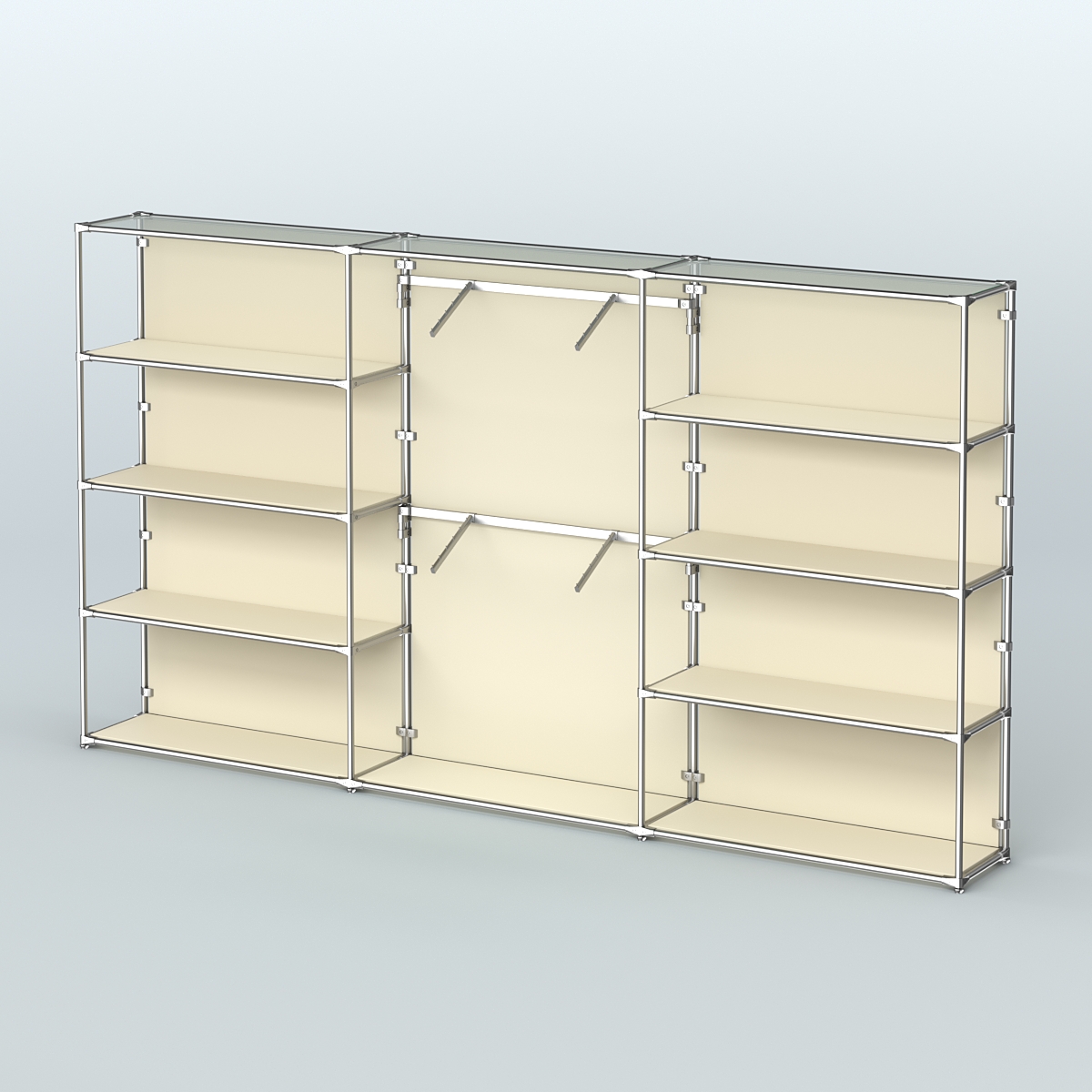 Торговая система ХРОМ (задняя стенка - ДСП) 3600 мм с полками ДСП и поручнями №6 Крем Вайс