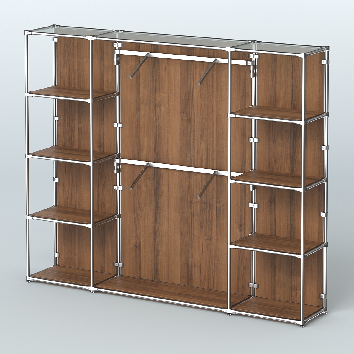 Торговая система ХРОМ (задняя стенка - ДСП) 2430 мм с полками ДСП и поручнями №7 Орех