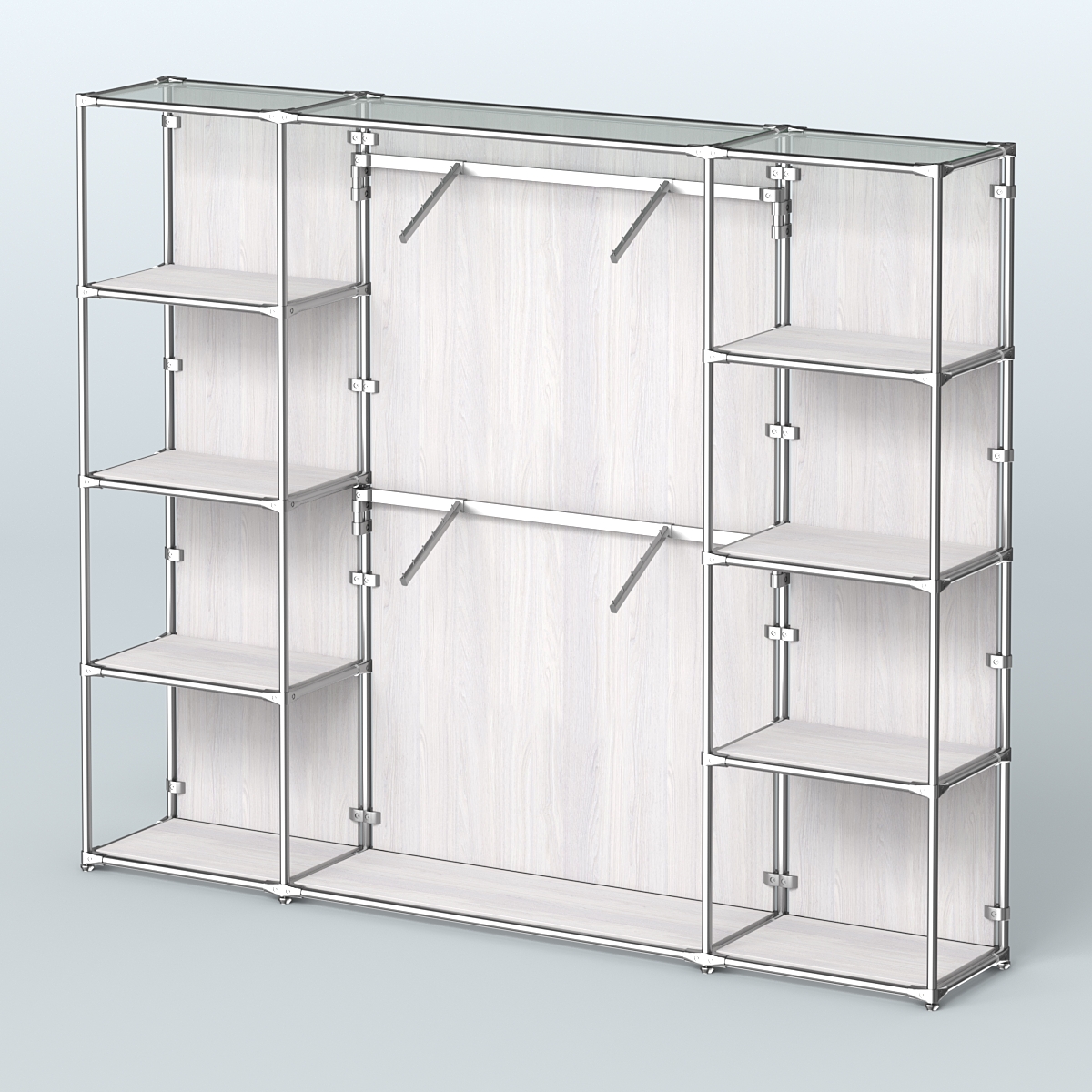 Торговая система ХРОМ (задняя стенка - ДСП) 2430 мм с полками ДСП и поручнями №7 Ясень Анкор светлый