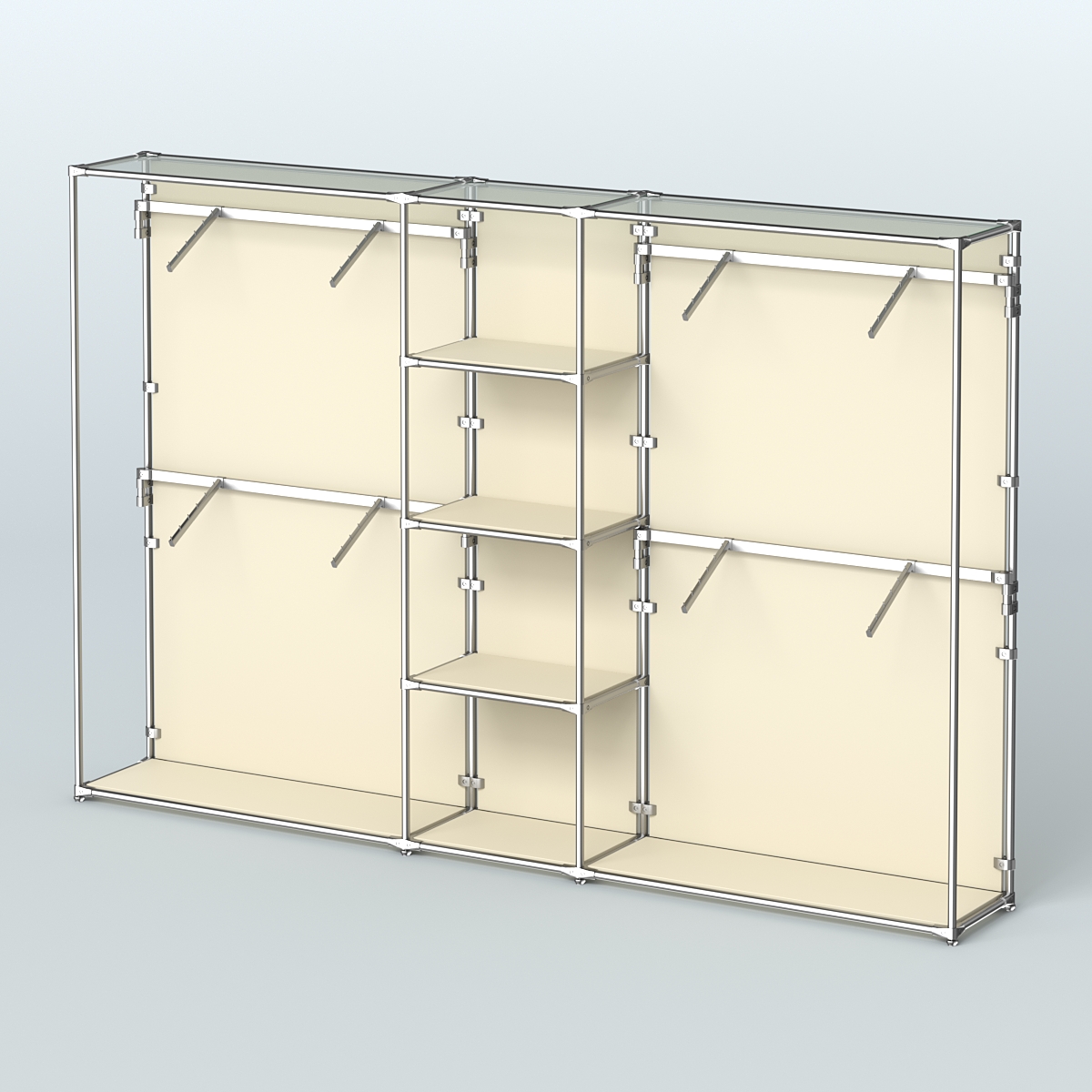 Торговая система ХРОМ (задняя стенка - ДСП) 3030 мм с полками ДСП и поручнями №8 Крем Вайс