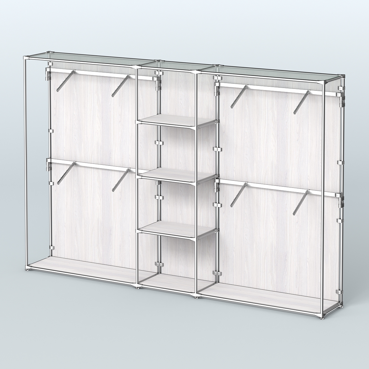 Торговая система ХРОМ (задняя стенка - ДСП) 3030 мм с полками ДСП и поручнями №8 Ясень Анкор светлый