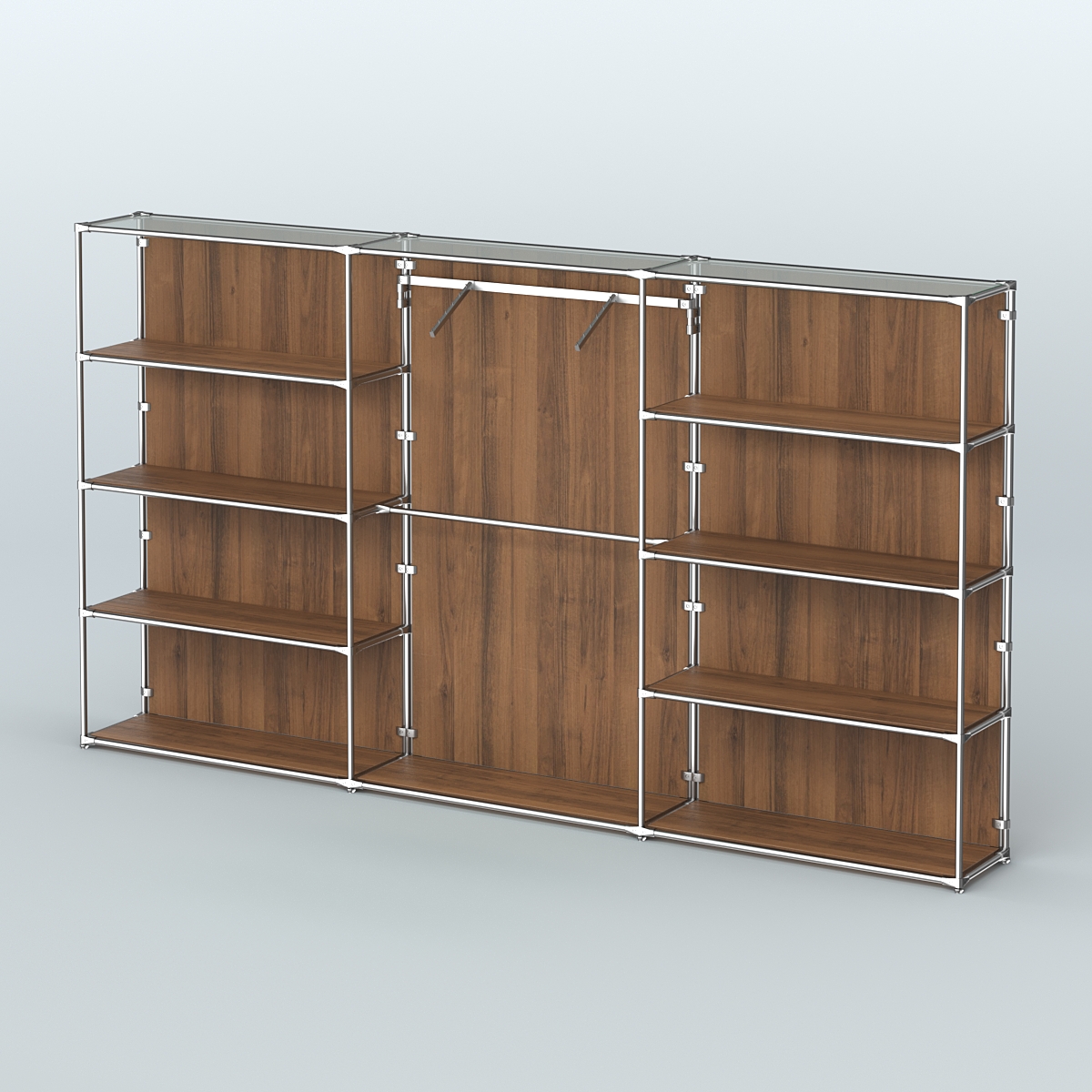 Торговая система ХРОМ (задняя стенка - ДСП) 3600 мм с полками ДСП и поручнями №9 Орех