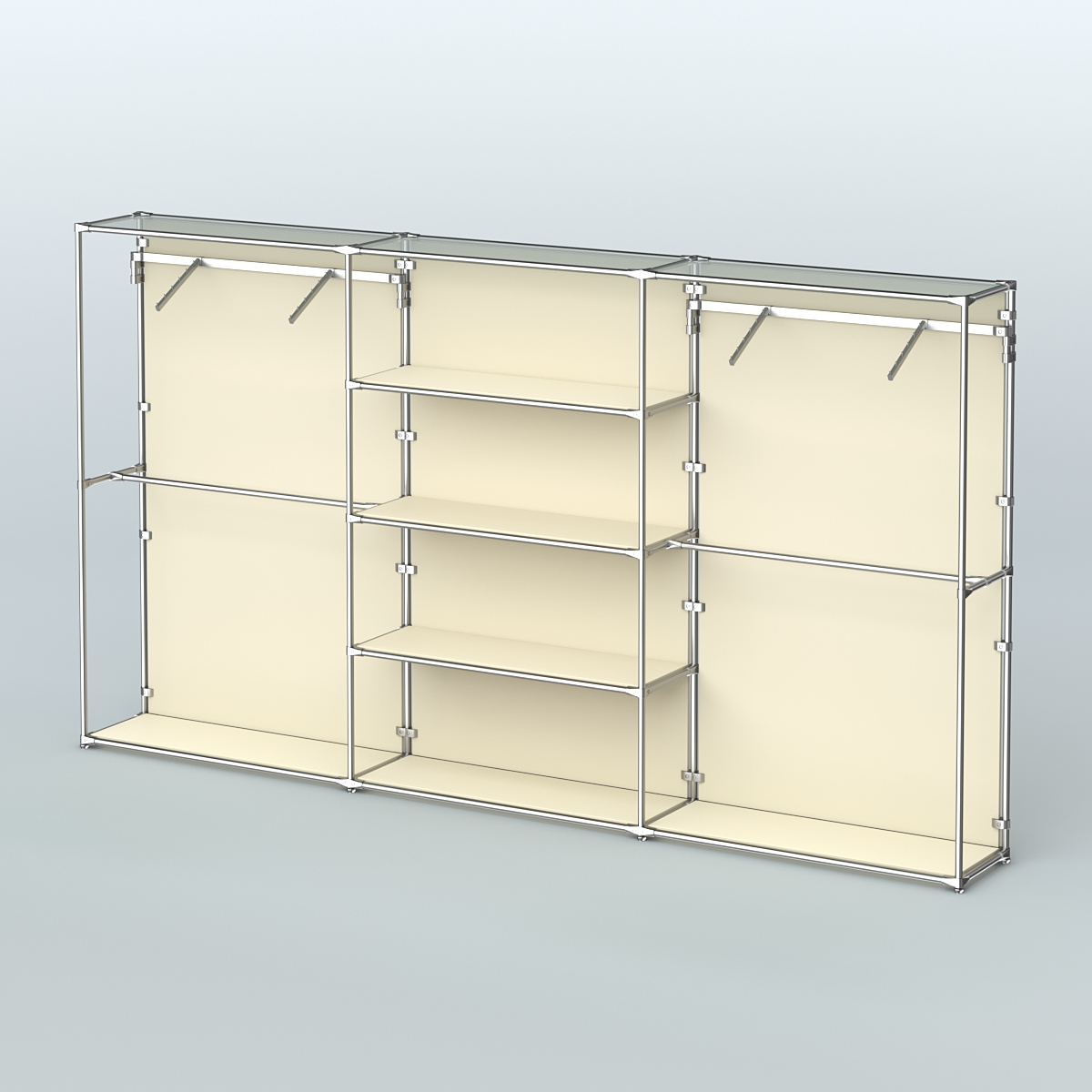 Торговая система ХРОМ (задняя стенка - ДСП) 3600 мм с полками ДСП и поручнями №10 Крем Вайс