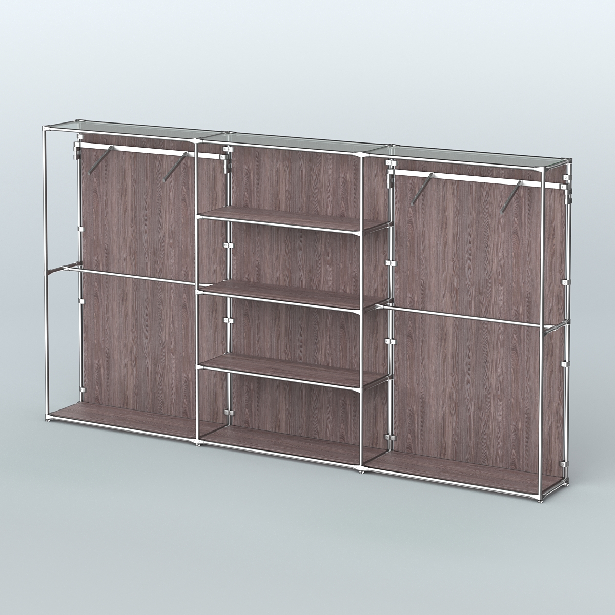 Торговая система ХРОМ (задняя стенка - ДСП) 3600 мм с полками ДСП и поручнями №10 Ясень Анкор темный