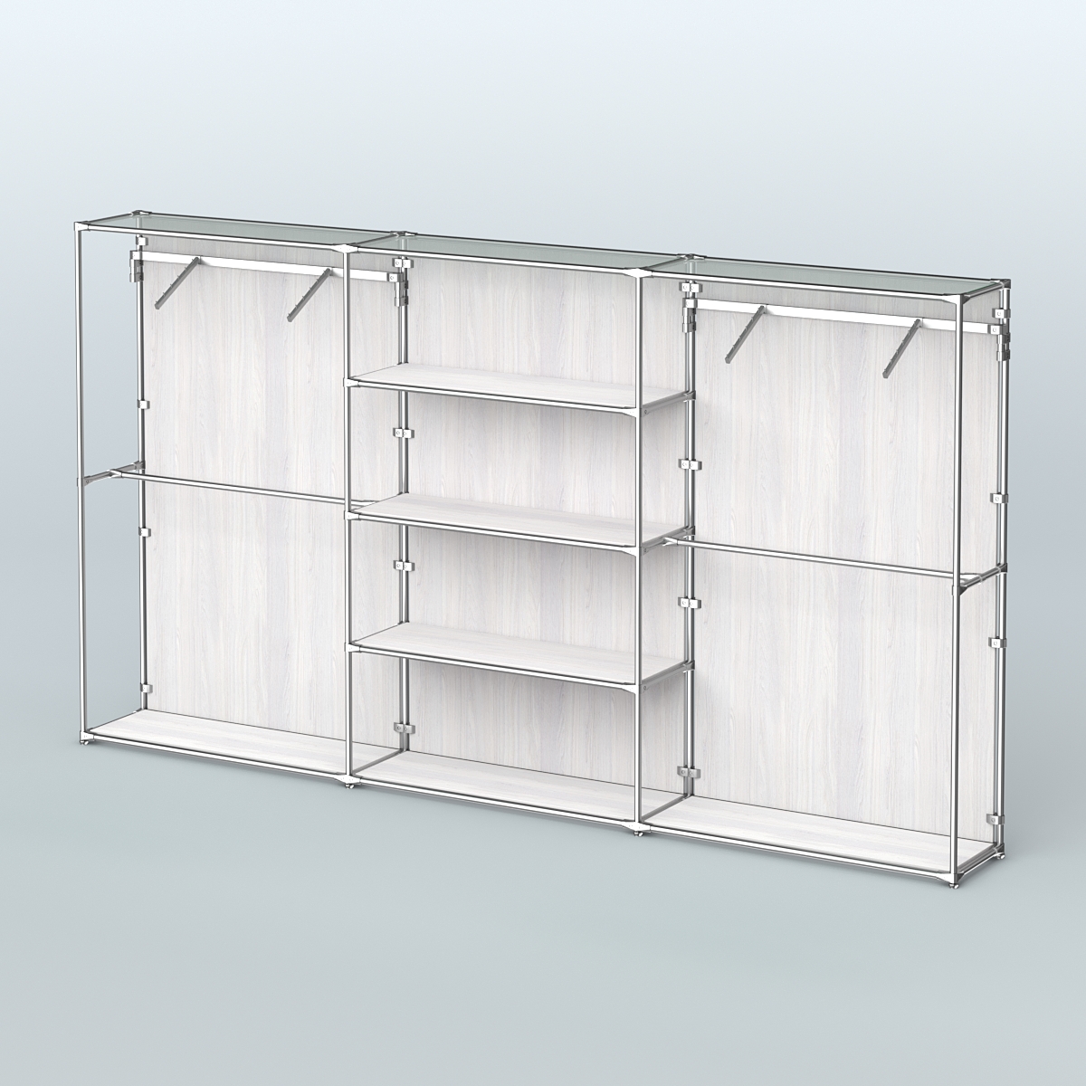 Торговая система ХРОМ (задняя стенка - ДСП) 3600 мм с полками ДСП и поручнями №10 Ясень Анкор светлый