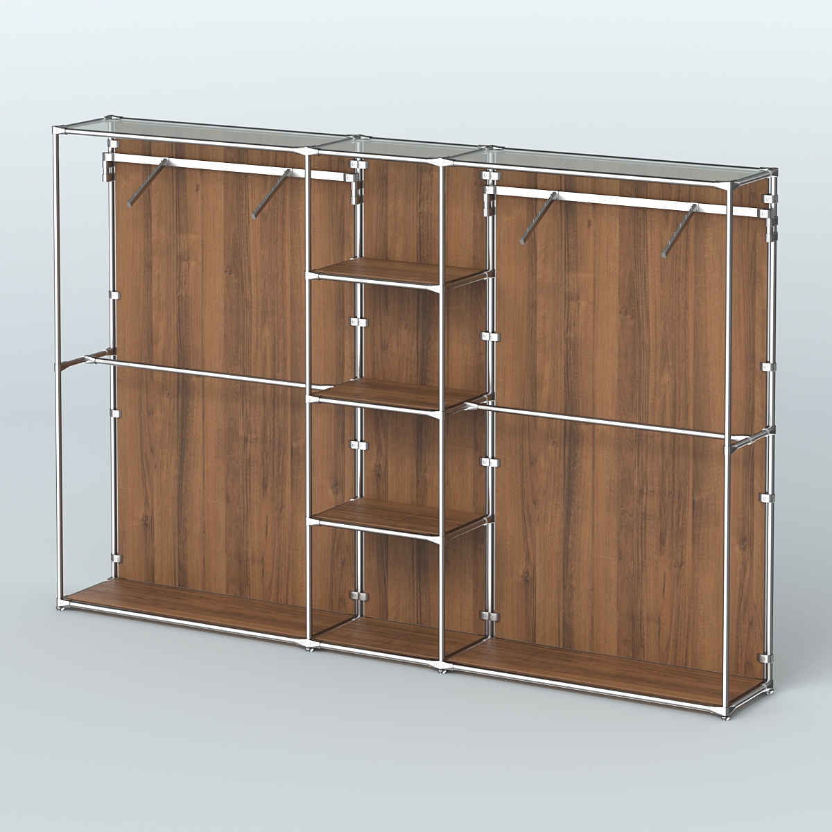 Торговая система ХРОМ (задняя стенка - ДСП) 3030 мм с полками ДСП и поручнями №12 Орех