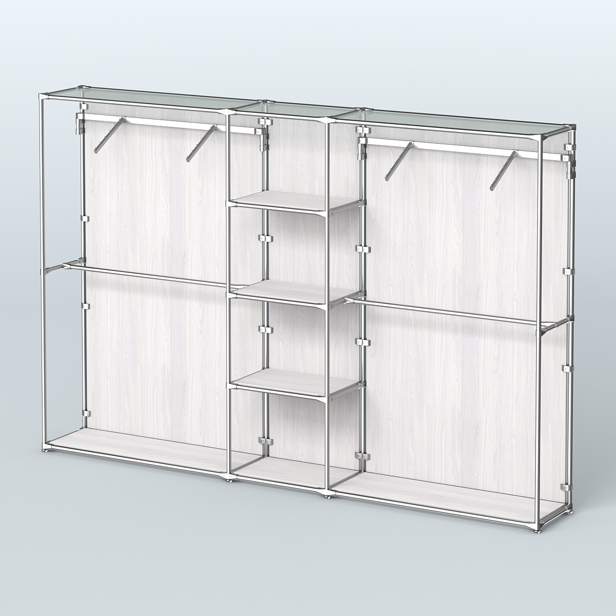 Торговая система ХРОМ (задняя стенка - ДСП) 3030 мм с полками ДСП и поручнями №12 Ясень Анкор светлый