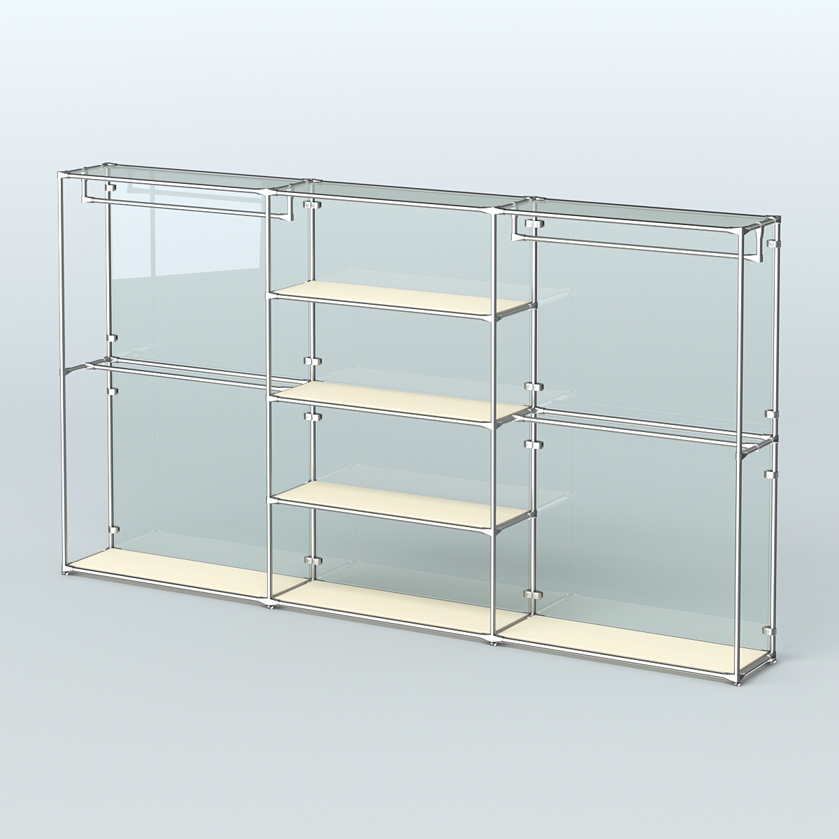 Торговая система ХРОМ (задняя стенка - стекло) 3600 мм с полками ДСП и поручнями №2 Крем Вайс