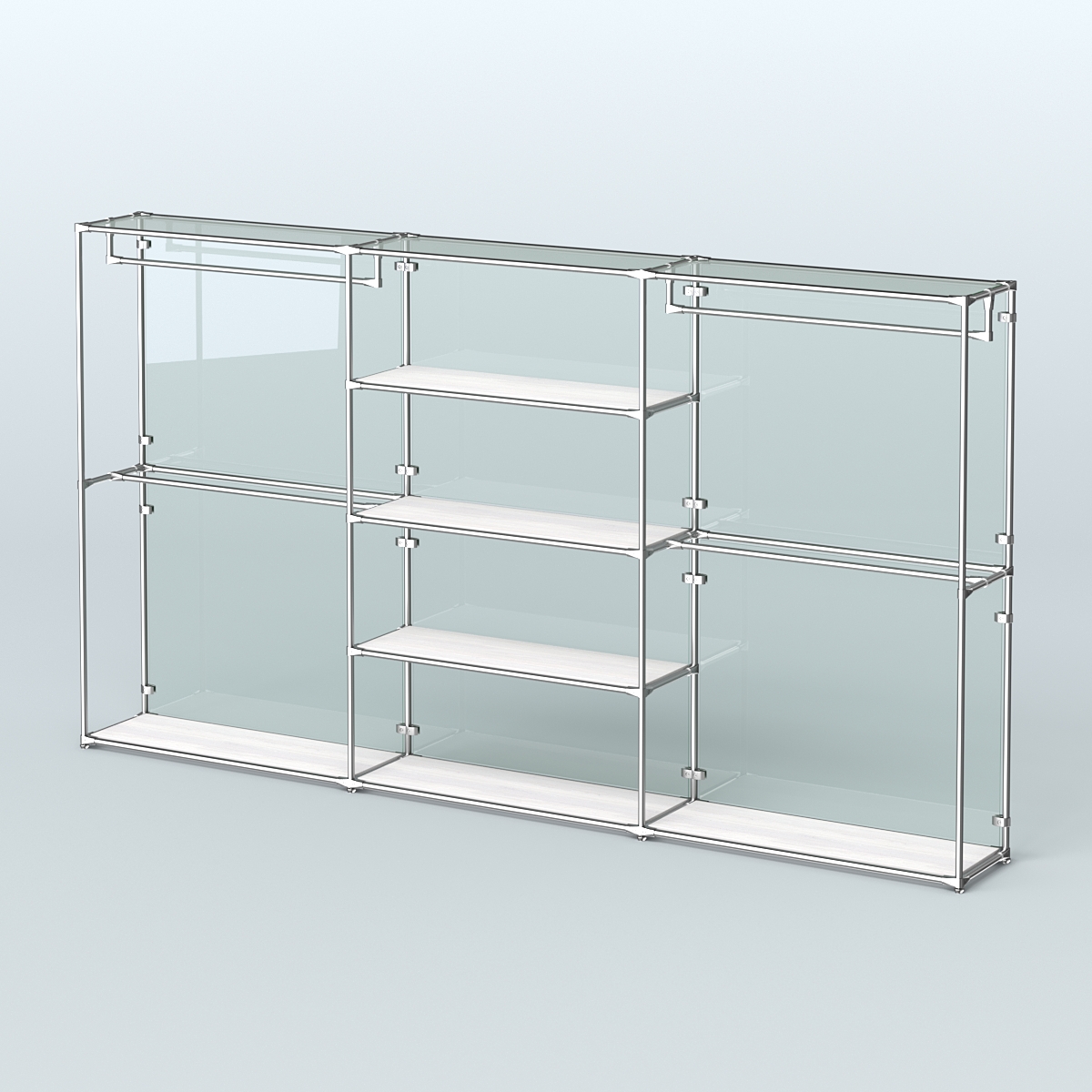 Торговая система ХРОМ (задняя стенка - стекло) 3600 мм с полками ДСП и поручнями №2 Ясень Анкор светлый