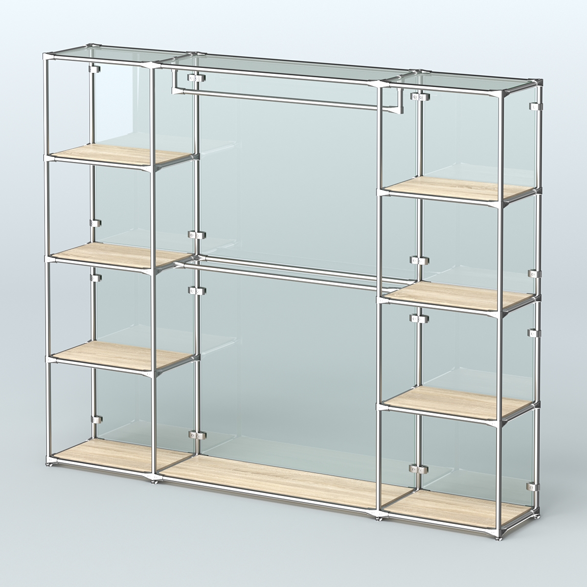 Торговая система ХРОМ (задняя стенка - стекло) 2430 мм с полками ДСП и поручнями №3 Дуб Сонома