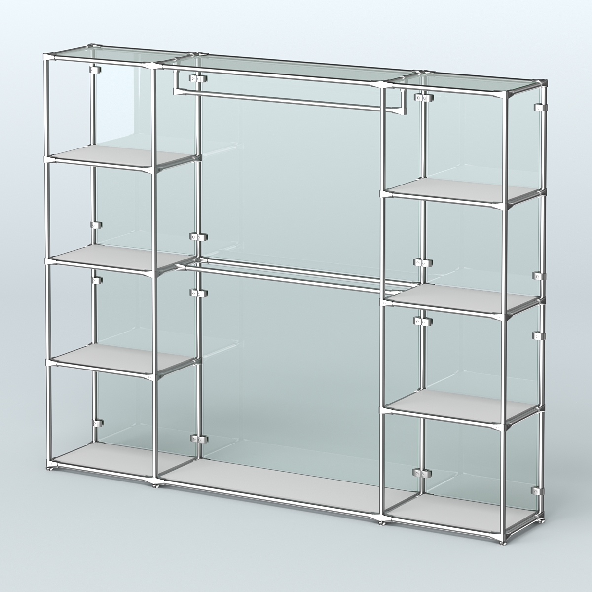 Торговая система ХРОМ (задняя стенка - стекло) 2430 мм с полками ДСП и поручнями №3 Серый