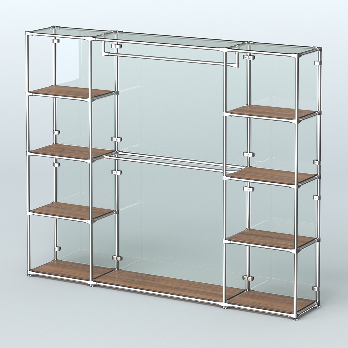 Торговая система ХРОМ (задняя стенка - стекло) 2430 мм с полками ДСП и поручнями №3 Орех