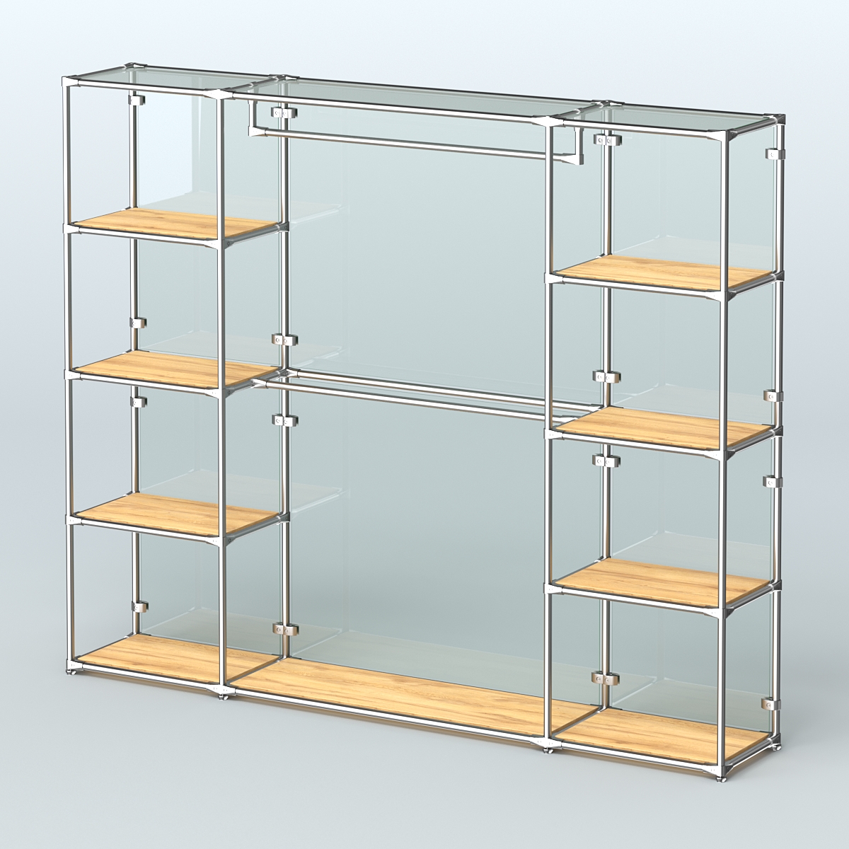 Торговая система ХРОМ (задняя стенка - стекло) 2430 мм с полками ДСП и поручнями №3 Дуб Золотистый