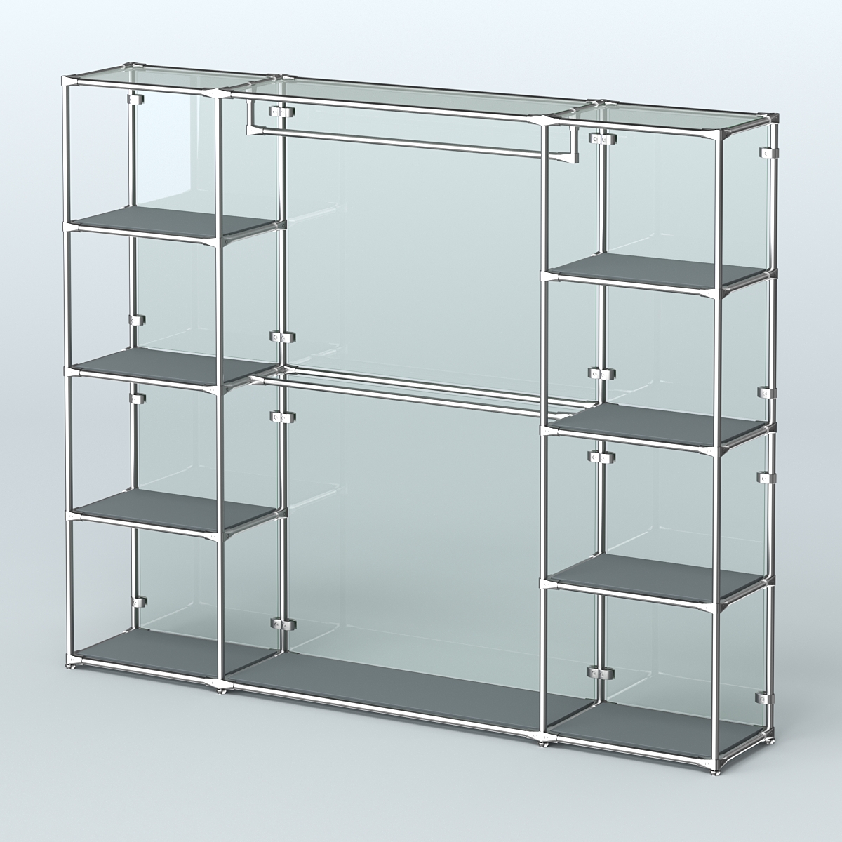 Торговая система ХРОМ (задняя стенка - стекло) 2430 мм с полками ДСП и поручнями №3 Темно-Серый