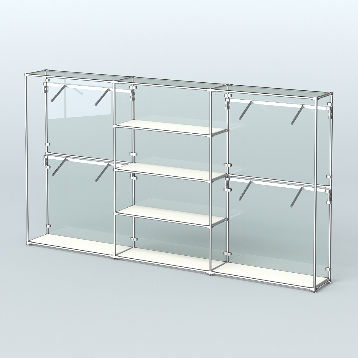 Торговая система ХРОМ (задняя стенка - стекло) 3600 мм с полками ДСП и поручнями №5 Белый