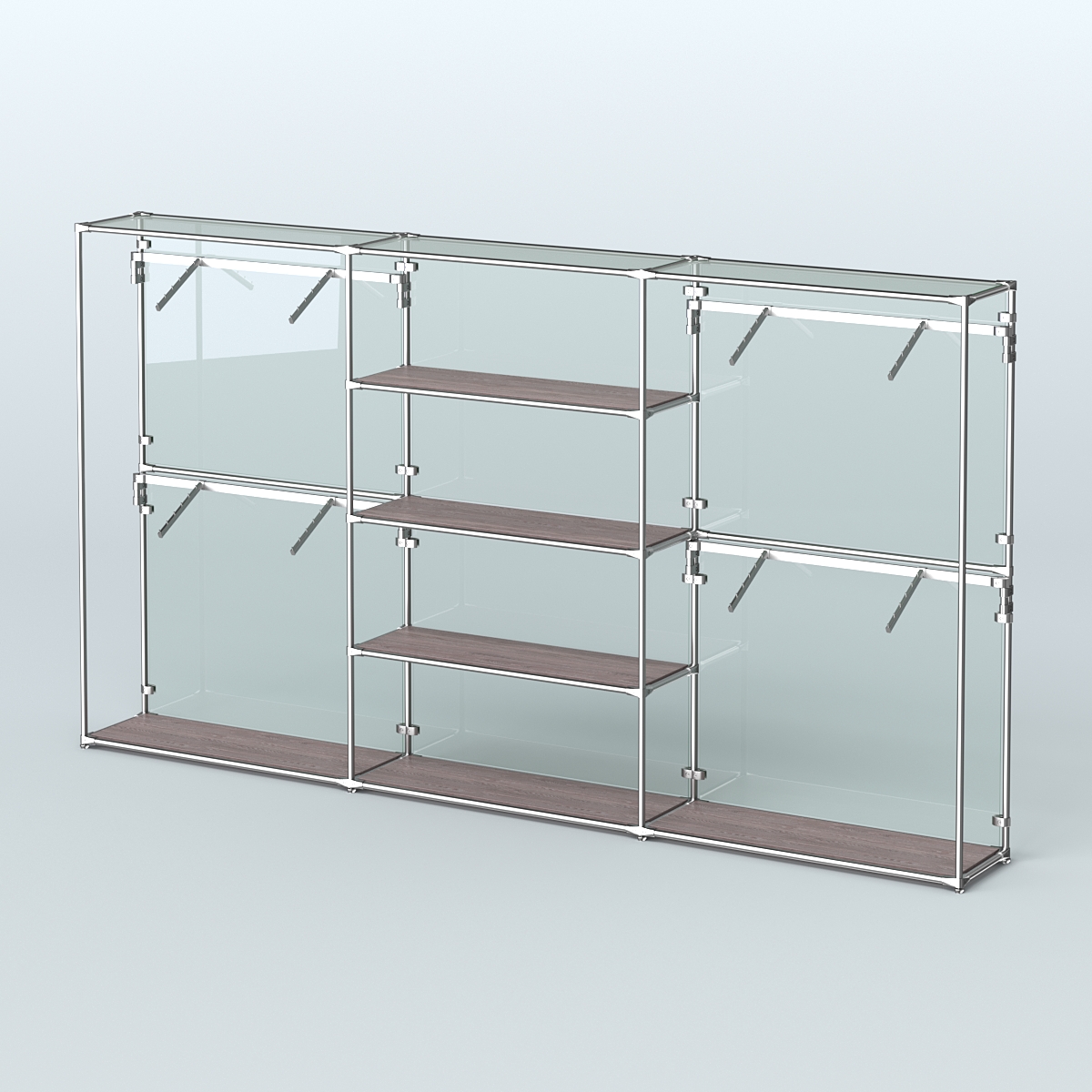 Торговая система ХРОМ (задняя стенка - стекло) 3600 мм с полками ДСП и поручнями №5 Ясень Анкор темный