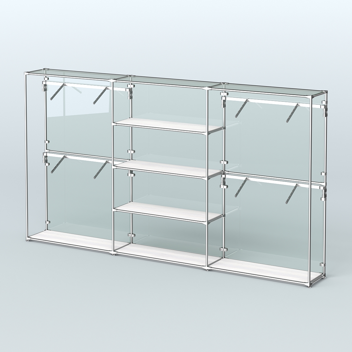 Торговая система ХРОМ (задняя стенка - стекло) 3600 мм с полками ДСП и поручнями №5 Ясень Анкор светлый