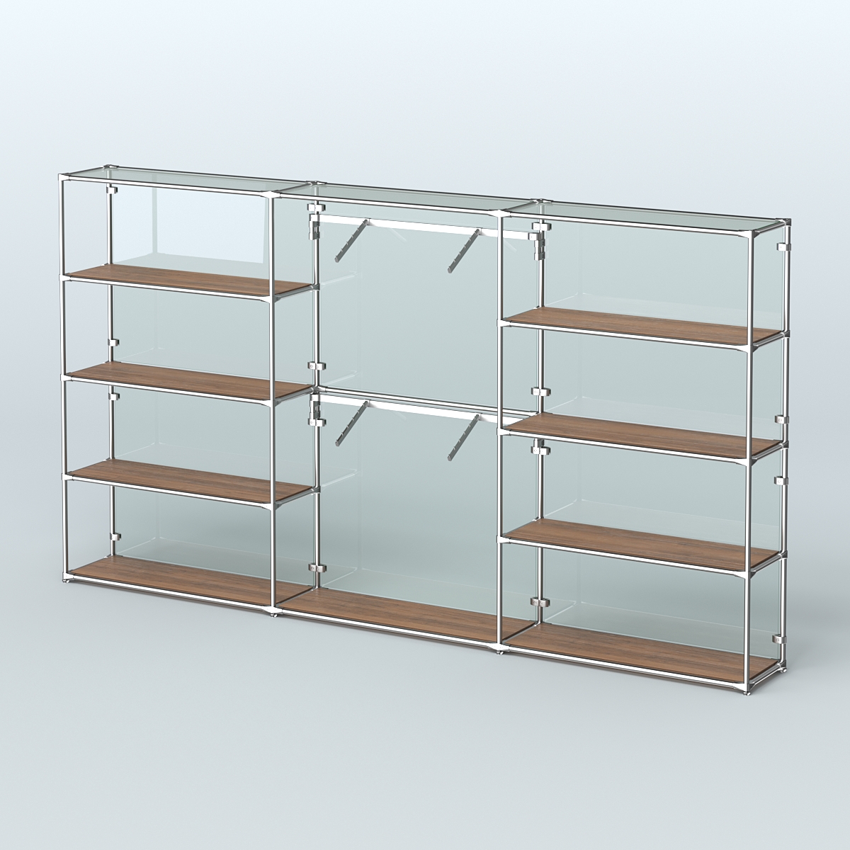 Торговая система ХРОМ (задняя стенка - стекло) 3600 мм с полками ДСП и поручнями №6 Орех