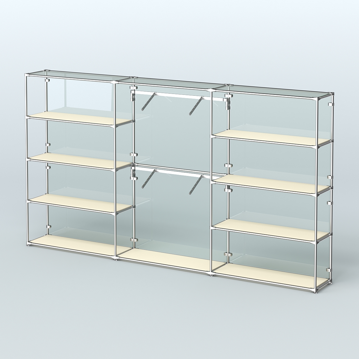 Торговая система ХРОМ (задняя стенка - стекло) 3600 мм с полками ДСП и поручнями №6 Крем Вайс