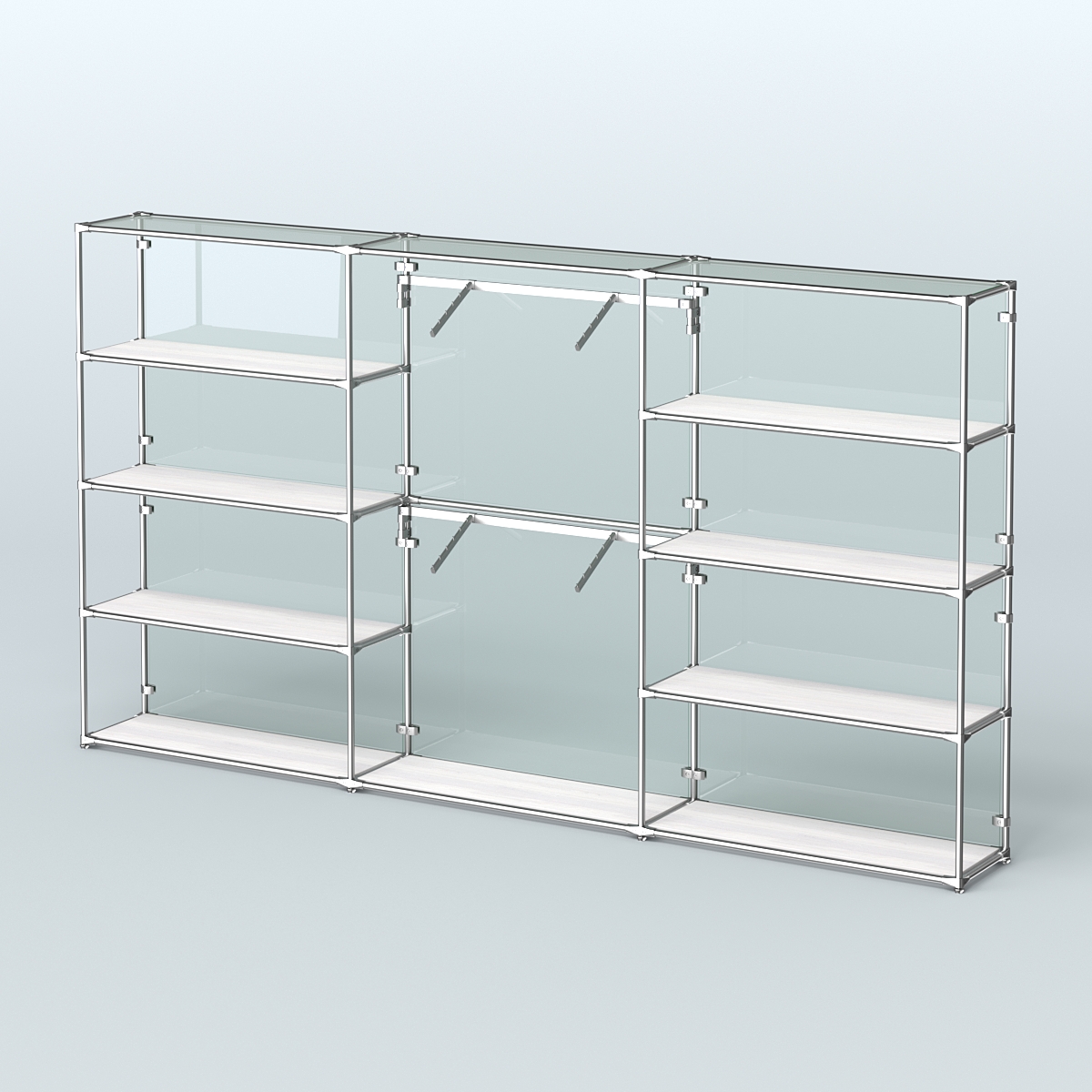 Торговая система ХРОМ (задняя стенка - стекло) 3600 мм с полками ДСП и поручнями №6 Ясень Анкор светлый