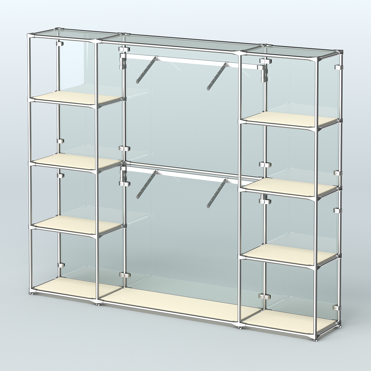 Торговая система ХРОМ (задняя стенка - стекло) 2430 мм с полками ДСП и поручнями №7 Крем Вайс