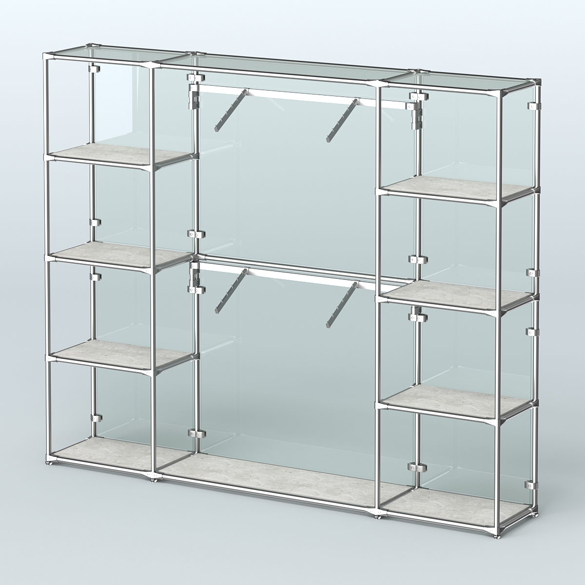 Торговая система ХРОМ (задняя стенка - стекло) 2430 мм с полками ДСП и поручнями №7 Метрополитан Грей