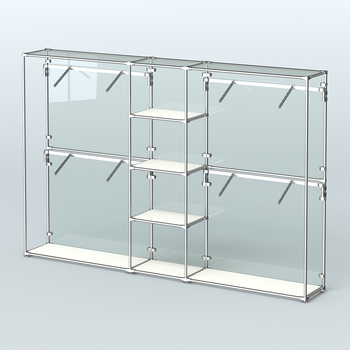 Торговая система ХРОМ (задняя стенка - стекло) 3030 мм с полками ДСП и поручнями №8 Белый