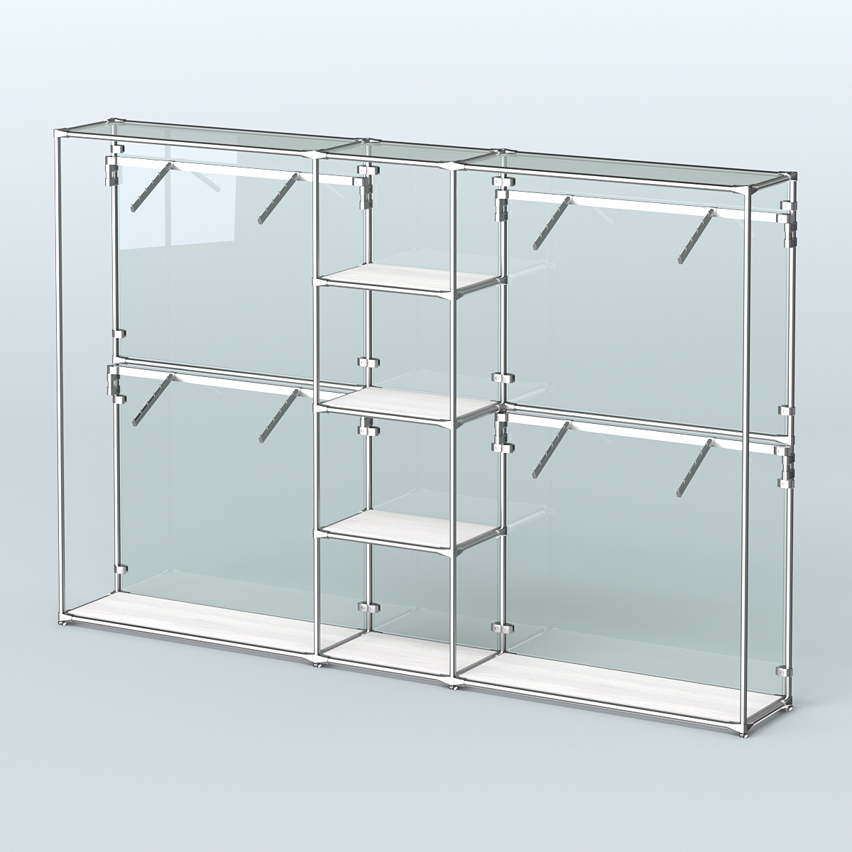 Торговая система ХРОМ (задняя стенка - стекло) 3030 мм с полками ДСП и поручнями №8 Ясень Анкор светлый