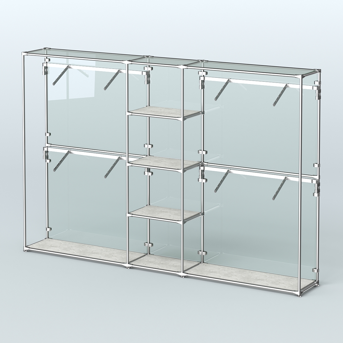 Торговая система ХРОМ (задняя стенка - стекло) 3030 мм с полками ДСП и поручнями №8 Метрополитан Грей