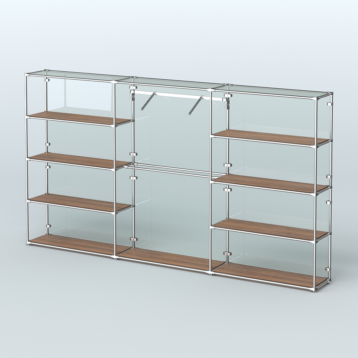 Торговая система ХРОМ (задняя стенка - стекло) 3600 мм с полками ДСП и поручнями №9 Орех