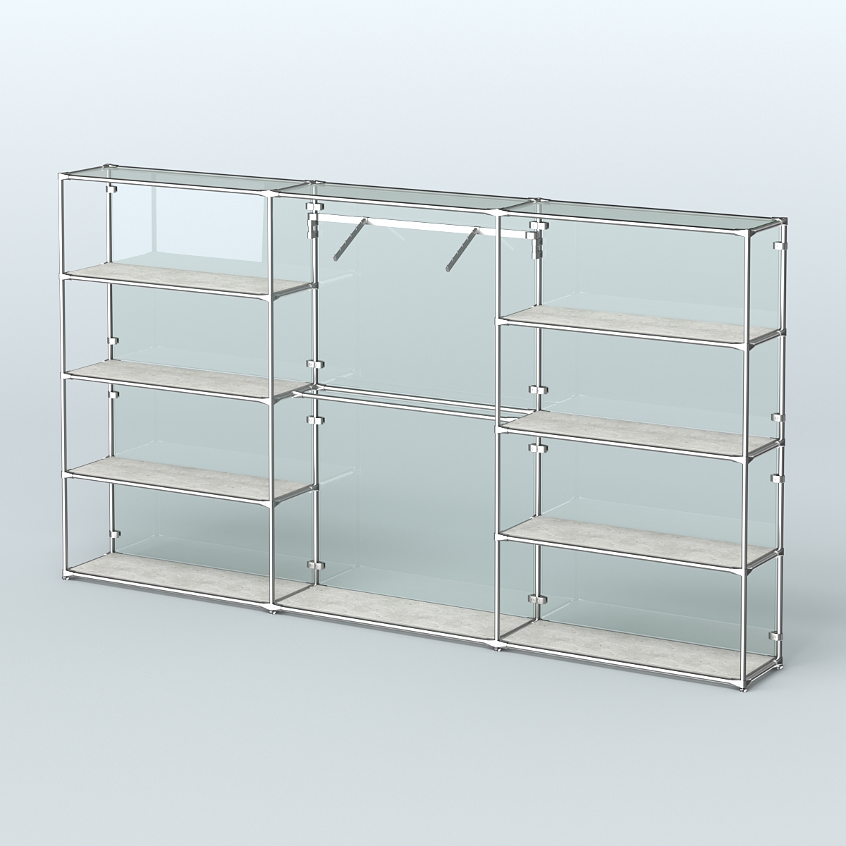 Торговая система ХРОМ (задняя стенка - стекло) 3600 мм с полками ДСП и поручнями №9 Метрополитан Грей