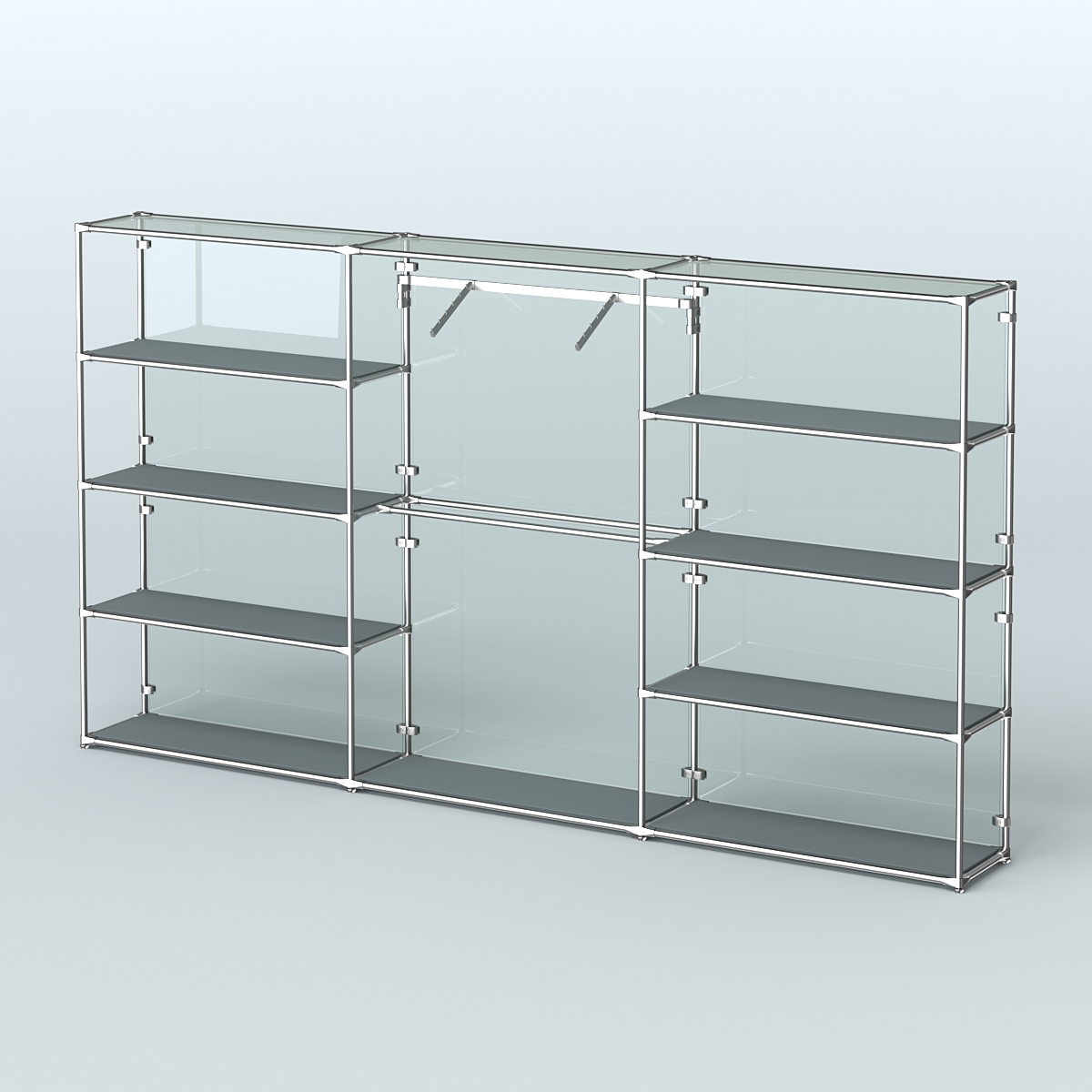 Торговая система ХРОМ (задняя стенка - стекло) 3600 мм с полками ДСП и поручнями №9 Темно-Серый