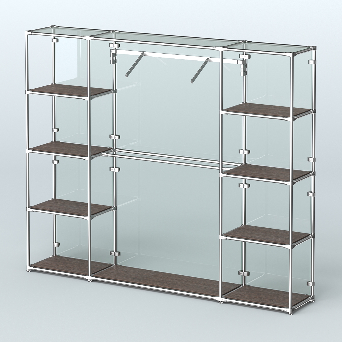 Торговая система ХРОМ (задняя стенка - стекло) 2430 мм с полками ДСП и поручнями №11 Дуб Венге