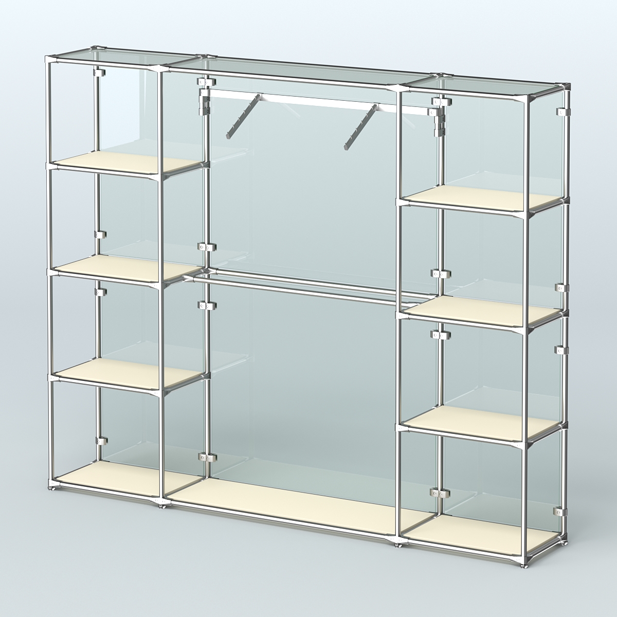 Торговая система ХРОМ (задняя стенка - стекло) 2430 мм с полками ДСП и поручнями №11 Крем Вайс